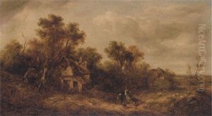 Figures On A Track In A Wooded Landscape, A Cottage Beyond Figures On A Track In A Wooded Landscape, A Cottage Beyond