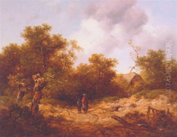 Countryfolk On A Wooded Lane, A Cottage Beyond - view 1