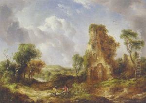 Travellers Resting Before A Church Ruin by Richard H. Hilder