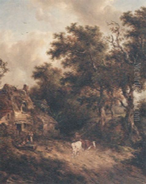 A Wooded Landscape With Countryfolk And Cattle On A Path, Beside A Cottage - view 1
