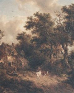 A Wooded Landscape With Countryfolk And Cattle On A Path, Beside A Cottage by Richard H. Hilder