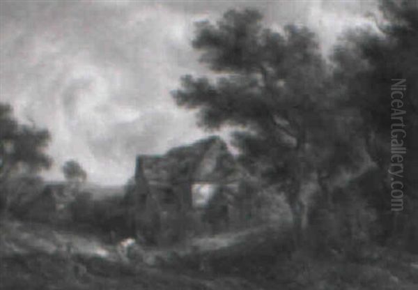 A Wooded Landscape With A Drover And Cattle By A Barn - view 1