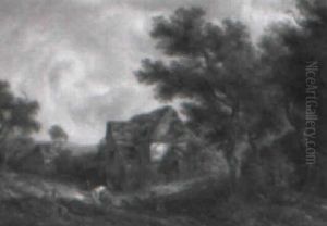 A Wooded Landscape With A Drover And Cattle By A Barn