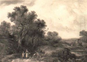 A Wooded Landscape With Figures And A Dog On A Path A Wooded Landscape With Figures And A Dog On A Path