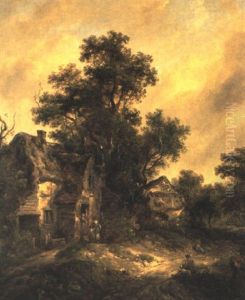 Wooded Landscape With Figures By A Cottage by Richard H. Hilder