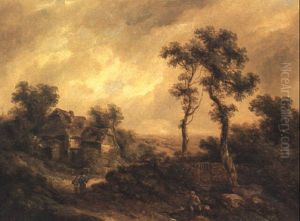 Wooded Landscape With Figures Nearing A Cottage by Richard H. Hilder