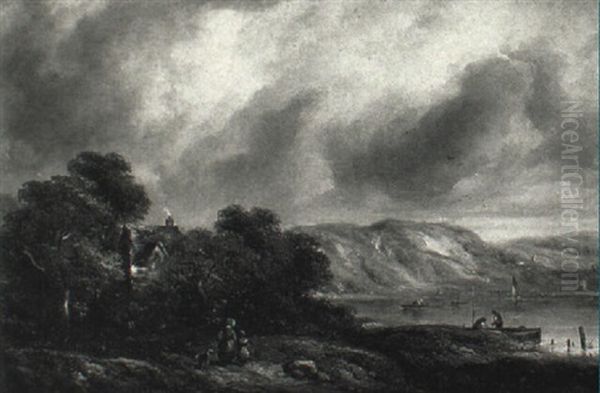 River Landscape With Figures Nearing A Cottage - view 1