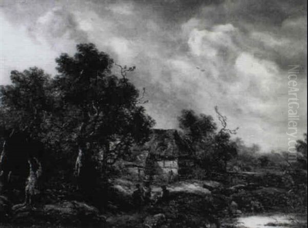 A Wooded Landscape With Figures On A Track By A Cottage - view 1