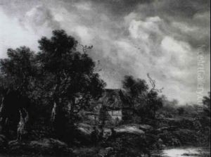 A Wooded Landscape With Figures On A Track By A Cottage by Richard H. Hilder