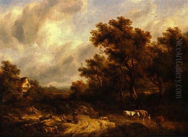 Wooded Landscape With Cattle Watering - view 1