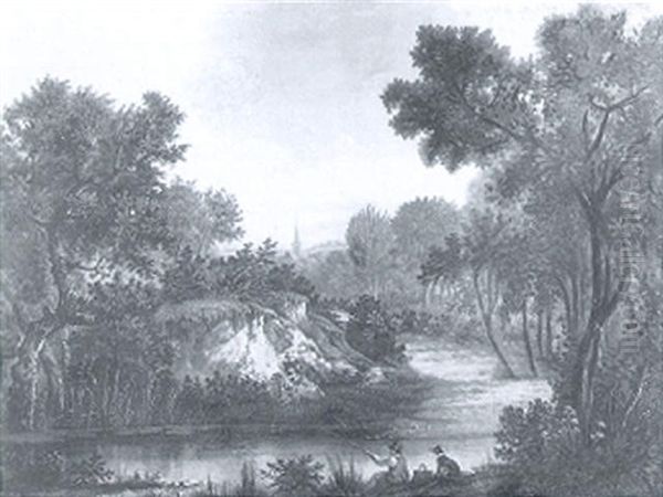 A Wooded River Landscape With An Angler And Dog On A Bank - view 1