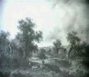 Shepherd And Sheep Beside A Pond, Figures Before Cottages Before A Wooded Landscape by Richard H. Hilder