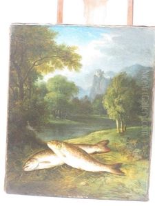 Two Fish On A Riverbank, A Wooded Landscape With Castle Beyond Two Fish On A Riverbank, A Wooded Landscape With Castle Beyond