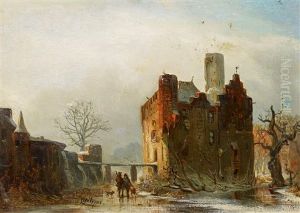 Jager Auf Dem Eis Vor Einer Burgruine by Carl Hilgers