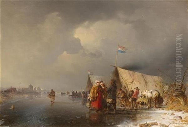 Figures By A Frozen Lake Before A Town - view 1