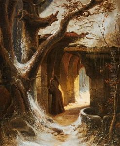 A Cloister In Winter With A Monk Ringing The