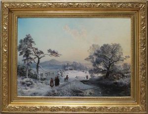 Winterlandschaft In Der Abendrote Mit Schlittschuhlaufern Und Wanderern