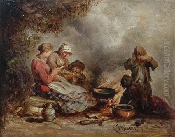 Family Cooking By An Open Fire In A Forest Glade - view 1