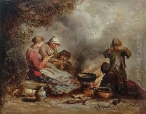Family Cooking By An Open Fire In A Forest Glade