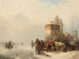 A Frozen Waterway With Figures On The Ice by Carl Hilgers