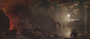 Vulkan An Mediterraner Kuste Bei Nacht by Carl Hilgers