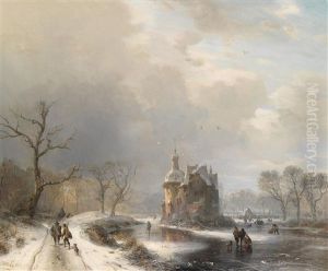 Winterlandschaft Mit Eislaufern Und Jagdgesellschaft