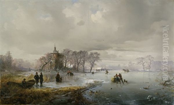Hollandische Winterlandschaft Mit Schlittschuhlaufern Auf Einem Zugefrorenen Flus - view 1