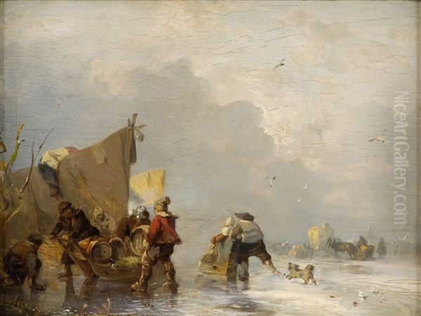 Winterliche Fluslandschaft Mit Regem Treiben - view 1
