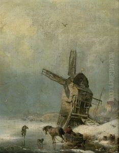 Winterlandschaft Mit Schlittschuhlaufer Und Pferdeschlitten Auf Einem Zugefrorenen Flus Bei Einer Muhle by Carl Hilgers