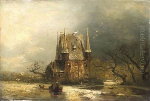 Verschneite Winterlandschaft Mit Romantischem Wasserschlos