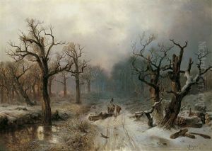 Holzfaller Im Winterwald Bei Sonnenuntergang