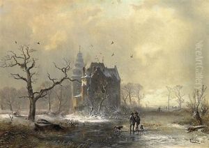 Wintertag. Zwei Jager Mit Ihren Hunden Vor Romantischem Schloss In Weiter Hollandischer Winterlandschaft by Carl Hilgers