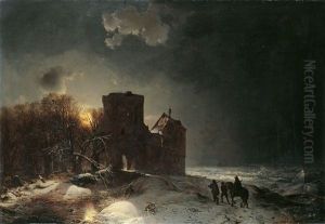 Abendliche Winterlandschaft Mit Einem Kastell An Einem Zugefrorenen Fluss by Carl Hilgers