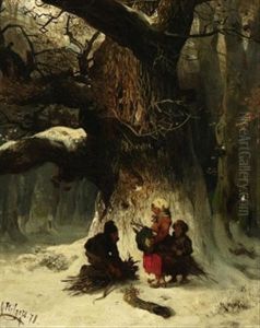 Im Winterwald. Drei Kinder Beim Reisigsammeln Unter Einer Grosen Eiche by Carl Hilgers
