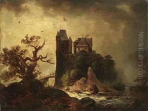 Romantische Fluslandschaft. Auf Einem Steilen Felsen, Inmitten Des Flusbettes, Eine Feste Burg