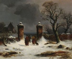 Auf Dem Weg Zur Poststation. Musikanten In Verschneiter Winterlandschaft Auf Dem Weg Zur Poststation. Musikanten In Verschneiter Winterlandschaft