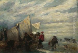 Eisvergnugen. Buntes Treiben Am Ufer Eines Zugefrorenen Sees