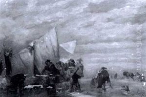 Fishermen Unloading Horsedrawn Carts On The Shore (+ Another Similar; Pair)