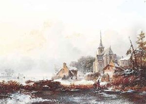 Hollandische Winterlandschaft Zugefrorener Flus Am Rande Eines Kirchdorfes