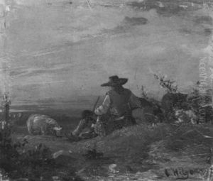 Abendliche Landschaft Mit Einem Hirten by Carl Hilgers
