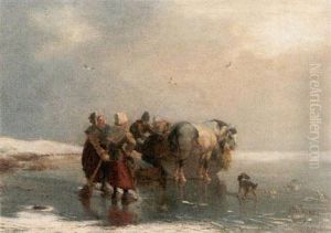 Bauern Mit Pferd Und Zugschlitten Auf Der Zugefrorenen See by Carl Hilgers