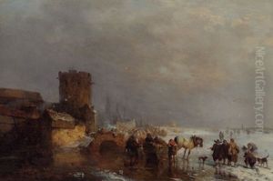 A Frozen Waterway With Skaters And A Horse-drawn Sledge By A Koek En Zopie Stand by Carl Hilgers