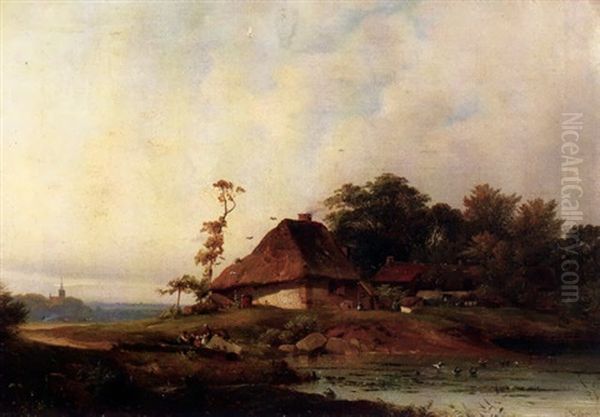 Landschaft Mit Riedgedeckten Bauernhausern Vor Einem Wald Am Teich - view 1