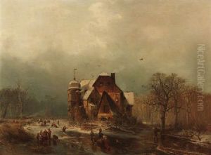 Eisvergnugen Vor Einer Niederrheinischen Wasserburg by Carl Hilgers