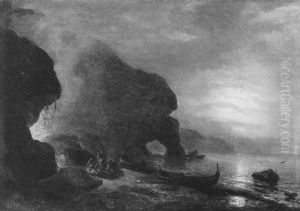 Nachtliche Kustenlandschaft Mit Fischern Um Ein Lagerfeuer