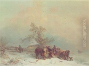 A Winter Landscape With Figures By A Horse-drawn Sledge