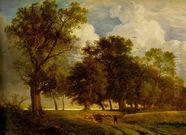Shepherd Driving His Flock In A Wooded Landscape - view 1