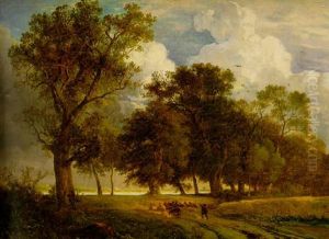 Shepherd Driving His Flock In A Wooded Landscape Shepherd Driving His Flock In A Wooded Landscape
