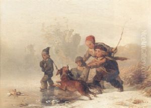 Children Playing At The Edge Of A Frozen Lake by Carl Hilgers