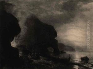 Nachtliche Kustenlandschaft Mit Fischern Um Ein Lagerfeuer